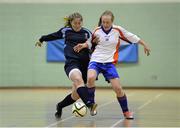 22 March 2013; Erin Bron, UCD, in action against Claudia Hudner, Mary Immaculate College. WSCAI National Futsal 5th/6th place play off, NUI Maynooth v CIT, Gormanston College, Co. Meath. Photo by Sportsfile