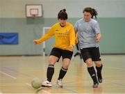 22 March 2013; Shauna Gleeson, Maynooth, in action against Emma Coughlan, CIT. WSCAI National Futsal 7th/8th place play off, NUI Maynooth v CIT, Gormanston College, Co. Meath. Photo by Sportsfile