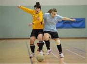 22 March 2013; Shauna Gleeson, Maynooth, in action against Elaine Field, CIT. WSCAI National Futsal 7th/8th place play off, NUI Maynooth v CIT, Gormanston College, Co. Meath. Photo by Sportsfile