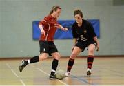 22 March 2013; Vanessa Austin, Carlow IT, in action against Laura Lynch, UCC. WSCAI National Futsal semi-final, UCC v Carlow IT, Gormanston College, Co. Meath. Photo by Sportsfile