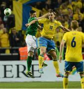 22 March 2013; Ciaran Clark, Republic of Ireland, in action against Zlatan Ibrahimovic, Sweden. 2014 FIFA World Cup Qualifier, Group C, Sweden v Republic of Ireland, Friends Arena, Solna, Stockholm, Sweden. Picture credit: David Maher / SPORTSFILE