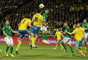 22 March 2013; Shane Long, Republic of Ireland, in action against Zlatan Ibrahimovic, Sweden. 2014 FIFA World Cup Qualifier, Group C, Sweden v Republic of Ireland, Friends Arena, Solna, Stockholm, Sweden. Picture credit: David Maher / SPORTSFILE