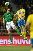 22 March 2013; John O'Shea, Republic of Ireland, in action against Zlatan Ibrahimovic, Sweden. 2014 FIFA World Cup Qualifier, Group C, Sweden v Republic of Ireland, Friends Arena, Solna, Stockholm, Sweden. Picture credit: David Maher / SPORTSFILE