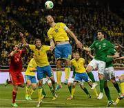 22 March 2013; Zlatan Ibrahimovic, Sweden, in action against Shane Long, Republic of Ireland. 2014 FIFA World Cup Qualifier, Group C, Sweden v Republic of Ireland, Friends Arena, Solna, Stockholm, Sweden. Picture credit: David Maher / SPORTSFILE