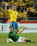 22 March 2013; Ciaran Clark, Republic of Ireland, in action against Zlatan Ibrahimovic, Sweden. 2014 FIFA World Cup Qualifier, Group C, Sweden v Republic of Ireland, Friends Arena, Solna, Stockholm, Sweden. Picture credit: David Maher / SPORTSFILE
