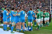 16 March 2013; The Italian players celebrate their victory as Brian O'Briscoll and his Ireland team-mates applaud the Italian's from the pitch after the game. RBS Six Nations Rugby Championship, Italy v Ireland, Stadio Olimpico, Rome, Italy. Picture credit: Brendan Moran / SPORTSFILE
