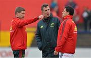 23 March 2013; Munster's Ronan O'Gara, left, speaks to head coach Rob Penney and captain Doug Howlett before the game. Celtic League 2012/13, Round 18, Munster v Connacht, Musgrave Park, Cork. Picture credit: Diarmuid Greene / SPORTSFILE
