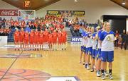 23 March 2013; The DCU Mercy and UL Huskies teams stand for the national anthem before the game. Nivea Women’s SuperLeague Final, UL Huskies v DCU Mercy, National Basketball Arena, Tallaght, Dublin. Picture credit: Brendan Moran / SPORTSFILE