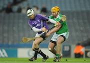 23 March 2013; Dave Smyth, Fingal, in action against Eoin Morrissey, Fermanagh. Allianz Hurling League, Division 3A, Fingal v Fermanagh, Croke Park, Dublin. Picture credit: Daire Brennan / SPORTSFILE