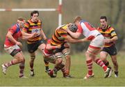 23 March 2013; Tadgh Beirne, Lansdowne, is tackled by, Mossey Lawlor, left, and Sean Rennison, UL Bohemian. Ulster Bank League, Division 1A, UL Bohemian v Lansdowne, Annacotty, Limerick. Picture credit: Gareth Williams / SPORTSFILE