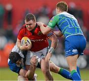 23 March 2013; Dave Kilcoyne, Munster, is tackled by Andrew Browne, left, and Dan Parks, Connacht. Celtic League 2012/13, Round 18, Munster v Connacht, Musgrave Park, Cork. Picture credit: Diarmuid Greene / SPORTSFILE