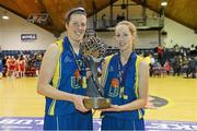 23 March 2013; UL Huskies co-captains Michelle Fahy, left, and Cathy Grant with the Women's SuperLeague trophy after the game. Nivea Women’s SuperLeague Final, UL Huskies v DCU Mercy, National Basketball Arena, Tallaght, Dublin. Picture credit: Brendan Moran / SPORTSFILE