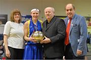 23 March 2013; UL Huskies's Rachael Vanderwal is presented with the MVP by Ken Clarke, Women's Clubs Committee, Basketball Ireland, in the company of Margaret Miley, Chair, Competitions Standing Committee, Basketball Ireland, and Gerry Kelly, President, Basketball Ireland. Nivea Women’s SuperLeague Final, UL Huskies v DCU Mercy, National Basketball Arena, Tallaght, Dublin. Picture credit: Brendan Moran / SPORTSFILE