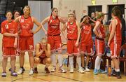 23 March 2013; Dejected DCU Mercy players after the game. Nivea Women’s SuperLeague Final, UL Huskies v DCU Mercy, National Basketball Arena, Tallaght, Dublin. Picture credit: Brendan Moran / SPORTSFILE