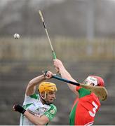 24 March 2013; Martin Duggan, London, in action against Aiden Connolly, Mayo. Allianz Hurling League, Division 2B, Mayo v London. Elverys MacHale Park, Castlebar, Co. Mayo. Picture credit: Stephen McCarthy / SPORTSFILE