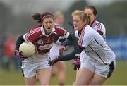 24 March 2013; Laura Walsh, Westmeath, in action against Sarah Coneely, Galway. TESCO HomeGrown Ladies National Football League, Division 2, Round 5, Westmeath v Galway, Kinnegad, Co. Westmeath. Picture credit: Brian Lawless / SPORTSFILE