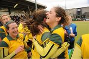 24 March 2013; Railway Union's Ceceila Joyce, left, and Emer Lucey celebrate after the game. Electric Ireland Irish Women's Senior Cup Final, Railway Union v UCD, National Hockey Stadium, UCD, Belfield, Dublin. Picture credit: Ray Lohan / SPORTSFILE
