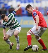 24 March 2013; Jack Memery, Shelbourne, in action against Gary McCabe, Shamrock Rovers. Airtricity League Premier Division, Shelbourne v Shamrock Rovers, Tolka Park, Dublin. Picture credit: David Maher / SPORTSFILE
