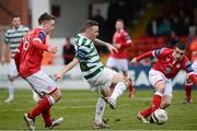 24 March 2013; Gary McCabe, Shamrock Rovers, in action against Robert Cornwall, left, and Robert Bayly, Shelbourne. Airtricity League Premier Division, Shelbourne v Shamrock Rovers, Tolka Park, Dublin. Picture credit: David Maher / SPORTSFILE