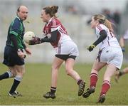 24 March 2013; Ruth Kearney, Westmeath, in action against Caitriona Cormican, Galway. TESCO HomeGrown Ladies National Football League, Division 2, Round 5, Westmeath v Galway, Kinnegad, Co. Westmeath. Picture credit: Brian Lawless / SPORTSFILE