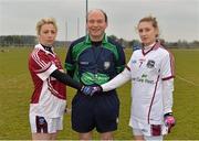 24 March 2013; Westmeath captain Aileen Martin, left, and Galway captain Sinead Burke shake hands in the company of referee Seamus Regan. TESCO HomeGrown Ladies National Football League, Division 2, Round 5, Westmeath v Galway, Kinnegad, Co. Westmeath. Picture credit: Brian Lawless / SPORTSFILE