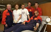 26 May 2003; Pictured at the announcement of a partnership agreement between the Irish Blood Transfusion Service and St. Patrick's Athletic for the 2003 eircom League season are (from l to r); St. Patrick Athletic's manager Eamonn Collins, Donor Attendant Ciara Munnelly, St. Patrick Athletic's Dave Freeman, Jamie Harris, Chris Adamson and Paul Osam. The Irish Blood Transfusion Service Board, D'Olier Street, Dublin.Picture credit; Ray McManus / SPORTSFILE *EDI*