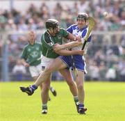 1 June 2003; Brian Begley, Limerick, in action against Waterford's Fergal Hartley. Guinness Munster Senior Hurling Championship, Limerick v Waterford, Semple Stadium, Thurles, Co. Tipperary. Picture credit; Brendan Moran / SPORTSFILE *EDI*