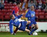 4 June 2003; Ollie Cahill, Shelbourne, in against Kevin Waters and Brian Mallon, Waterford United. eircom League Premier Division, Shelbourne v Waterford United, Tolka Park, Dublin. Soccer. Picture credit; David Maher / SPORTSFILE *EDI*