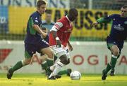 6 June 2003; Charles Mbabazi Livingstone, St. Patrick's Athletic, in action against Kevin Doyle and Greg O'Halloran, Cork City. eircom league, Premier Division, St. Patrick's Athletic v Cork City, Richmond Park, Dublin. Soccer. Picture credit; David Maher / SPORTSFILE *EDI*