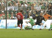 7 June 2003; Ervin Skela, Albania, beats Gary Breen and Shay Given to score his sides equalizing goal. 2004 European Championship qualifier, Republic of Ireland v Albania, Lansdowne Road, Dublin. Soccer. Picture credit; David Maher / SPORTSFILE *EDI*