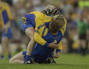 7 June 2003; Roscommon goalkeeper Shane Curran celebrates with team mate David Casey at the final whistle against Cork. Bank of Ireland Senior Football Championship qualifier, Roscommon v Cork, Dr Hyde Park, Roscommon. Picture credit; Matt Browne / SPORTSFILE *EDI*