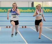 23 March 2013; Third place finisher, Grace Lawler, St. Laurance O'Toole A.C., Co. Carlow, left, and second place finisher Laura Ann Costello, Galway City Harriers A.C., in action during the Girl's U17 60m event. Woodie’s DIY AAI Juvenile Indoor U12- U19 Championships, Athlone Institute of Technology Arena, Athlone, Co. Westmeath. Picture credit: Tomas Greally / SPORTSFILE