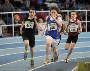 23 March 2013; Cian McPhillips, Longford A.C., 146, leads second place finisher Michael Lawlor, left, Naas A.C., Co. Kildare, on his way to winning the Boy's U12 600m event. Woodie’s DIY AAI Juvenile Indoor U12- U19 Championships, Athlone Institute of Technology Arena, Athlone, Co. Westmeath. Picture credit: Tomas Greally / SPORTSFILE