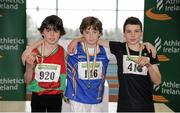 23 March 2013; Winner of the Boy's U12 600m Cian McPhillips, Longford A.C., centre, with second place Michael Lawlor, Naas A.C., Co. Kildare, right, and third place Ben Whelehan, Kilmurray/Ibrickane, Clare A.C.. Woodie’s DIY AAI Juvenile Indoor U12- U19 Championships, Athlone Institute of Technology Arena, Athlone, Co. Westmeath. Picture credit: Tomas Greally / SPORTSFILE