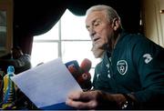 25 March 2013; Republic of Ireland manager Giovanni Trapattoni speaking to the media during a press conference ahead of their side's 2014 FIFA World Cup, Group C, qualifier match against Austria on Tuesday. Republic of Ireland Squad Press Conference, Grand Hotel, Malahide, Co. Dublin. Picture credit: David Maher / SPORTSFILE