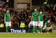 26 March 2013; Dejected Republic of Ireland players, from left, Jonathan Walters, Marc Wilson, James McClean and Sean St. Ledger after the final whistle. 2014 FIFA World Cup Qualifier, Group C, Republic of Ireland v Austria, Aviva Stadium, Lansdowne Road, Dublin. Picture credit: David Maher / SPORTSFILE