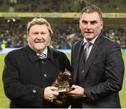 26 March 2013; Former Cork City, Shelbourne, Limerick and Waterford United player Pat Morley is presented with the Airtricity League Legend Award by Ken Barry, Sponsorship Manager Airtricity. 2014 FIFA World Cup Qualifier, Group C, Republic of Ireland v Austria, Aviva Stadium, Lansdowne Road, Dublin. Picture credit: David Maher / SPORTSFILE