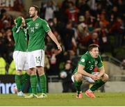 26 March 2013; Dejected Republic of Ireland players, from left, James McClean, Mark Wilson and Sean St. Ledger at the end of the game. 2014 FIFA World Cup Qualifier, Group C, Republic of Ireland v Austria, Aviva Stadium, Lansdowne Road, Dublin. Picture credit: David Maher / SPORTSFILE