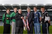 28 March 2013; At the launch of Masita Ireland as the new competition sponsor of the GAA All-Ireland Post Primary Schools Championships are Ard Stiúrthóir of the GAA Páraic Duffy, third from right, and Des Smith, Masita, with the Masita GAA All-Ireland Post Primary Schools A Vocational School football Semi-Finalists, from left, James McGahan, Holy Trinity Cookstown, Diarmuid O'Connor, Davitt College Castlebar, David McGivney, Cnoc Mhuire Granard, and Adam Davis, Clonakilty Community School. Croke Park, Dublin. Picture credit: Brian Lawless / SPORTSFILE
