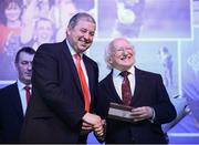 22 March 2013; John Keenan, Chairman of the Derry County Board, makes a presentation to the President of Ireland Michael D. Higgins at the GAA Annual Congress 2013. The Venue, Limavady Road, Derry. Picture credit: Ray McManus / SPORTSFILE