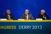 23 March 2013; Sean Walsh, Chairman of the Munster Council, centre, with former GAA President Christy Cooney, to his right, and Brendy Brien, Chairman Britain, at the GAA Annual Congress 2013. The Venue, Limavady Road, Derry. Picture credit: Ray McManus / SPORTSFILE