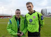 24 March 2013; Shelbourne goalkeeper Niall Burdon is presented with the man of the match award by Cormac English, Airtricity. Airtricity League Premier Division, Shelbourne v Shamrock Rovers, Tolka Park, Dublin. Picture credit: David Maher / SPORTSFILE