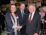 23 March 2013; The President of Ireland Michael D. Higgins with Lorraine Dillon, Goalpost Ireland, and Uachtarán Chumann Lúthchleas Gael Liam Ó Néill at the GAA Annual Congress 2013. The Venue, Limavady Road, Derry. Picture credit: Ray McManus / SPORTSFILE