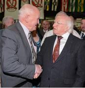 23 March 2013; The President of Ireland Michael D. Higgins with former GAA President Dr. Mick Loftus at the GAA Annual Congress 2013. The Venue, Limavady Road, Derry. Picture credit: Ray McManus / SPORTSFILE