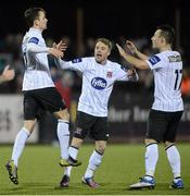 28 March 2013; John Dilon, left, Dundalk, celebrates after scoring his side's second goal with Keith Ward and Richie Towell, right. Airtricity League Premier Division, Dundalk v Drogheda United, Oriel Park, Dundalk, Co. Louth. Photo by Sportsfile