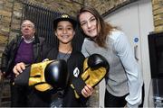 31 October 2017; WBA World Lightweight Champion Katie Taylor with Ilaria Borza, age 9, from Knocklyon, Dublin, at a press conference at the Irish Film Institute, in Temple Bar, Dublin. Photo by Brendan Moran/Sportsfile