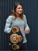 31 October 2017; WBA World Lightweight Champion Katie Taylor with her belt during a press conference at the Irish Film Institute, in Temple Bar, Dublin. Photo by Brendan Moran/Sportsfile