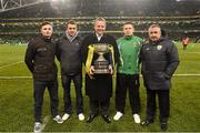 26 March 2013; Semi-Finalists of the FAI Junior Cup, in association with Umbro and Aviva, are, from left to right, Paul Murphy, Sheriff YC, Mark Mooney, Kilbarrack United, Pat Mullins, Pike Rovers, with Paul Grimes, centre, Aviva, and Dennis Cruise, right, FAI Junior Council. 2014 FIFA World Cup Qualifier, Group C, Republic of Ireland v Austria, Aviva Stadium, Lansdowne Road, Dublin. Picture credit: David Maher / SPORTSFILE