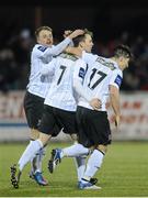 28 March 2013; John Dilon, Dundalk, celebrates after scoring his side's second goal with Keith Ward, left, and Richie Towell, right. Airtricity League Premier Division, Dundalk v Drogheda United, Oriel Park, Dundalk, Co. Louth. Photo by Sportsfile