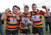 30 March 2013; Lansdowne players, from left, Martin Moore, Tom Sexton and Jack O'Connell celebrate with the cup. Ulster Bank League, Division 1A, Lansdowne v Clontarf, Aviva Stadium, Lansdowne Road, Dublin. Picture credit: Matt Browne / SPORTSFILE